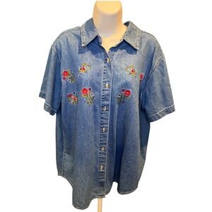 Basic Editions Womens XL Blue Denim Floral Embroidered Short Sleeve Button Shirt